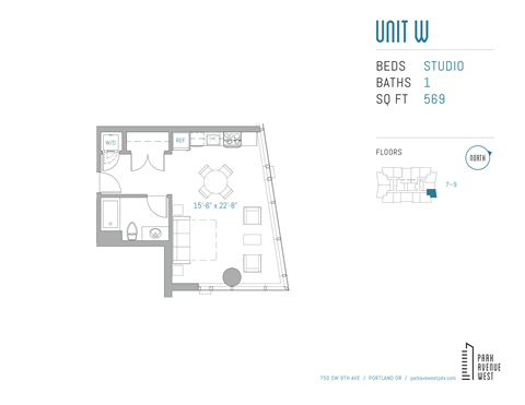 Floor plan for studio, 1 bath, 569 sqft